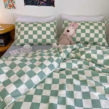 Wellboo Green White Plaid Comforter Sets Full Women Men Sage Green Checkerboard Grid Bedding Comforters Cotton Boys Girls Modern Grass Green and White Checkered Geometric Quilts Luxury Abstract Bed