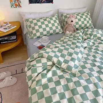 Wellboo Green White Plaid Comforter Sets Full Women Men Sage Green Checkerboard Grid Bedding Comforters Cotton Boys Girls Modern Grass Green and White Checkered Geometric Quilts Luxury Abstract Bed