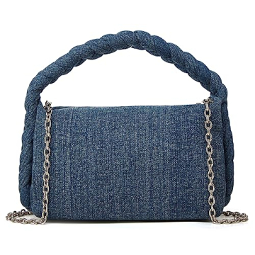 Women's Denim Purse Vintage Jean Purse Woven Top Handle Handbags Lightweight Designer Crossbody Bags with Chain