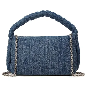 Women's Denim Purse Vintage Jean Purse Woven Top Handle Handbags Lightweight Designer Crossbody Bags with Chain