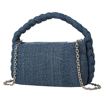 Women's Denim Purse Vintage Jean Purse Woven Top Handle Handbags Lightweight Designer Crossbody Bags with Chain