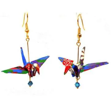 Royal Blue Red Purple Origami Good Luck Paper Crane Earrings w/Iridescent Bead