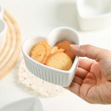 Sizikato Heart-Shaped Porcelain Souffle Dishes, Ramekins - 3.5 Inches for Souffle, Creme Brulee and Dipping Sauces - Set of 4