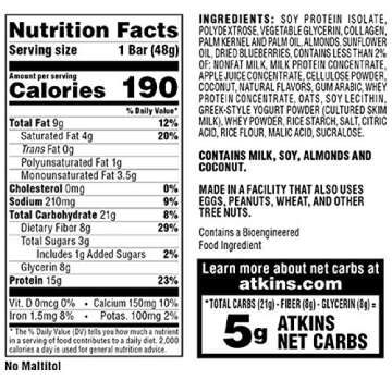 Atkins Protein Meal Bar, Blueberry Greek Yogurt, 5 Count