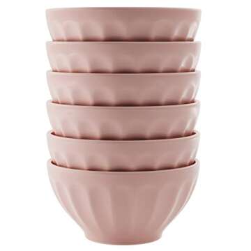 KooK Ceramic Cereal Bowl Set, Kids Breakfast Bowls, Fluted, Microwave and Dishwasher Safe, Kitchen Bowls, For Soup, Pasta, Salad, Dessert, 20 oz, Set of 6 (Dusty Pink)