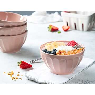 KooK Ceramic Cereal Bowl Set, Kids Breakfast Bowls, Fluted, Microwave and Dishwasher Safe, Kitchen Bowls, For Soup, Pasta, Salad, Dessert, 20 oz, Set of 6 (Dusty Pink)