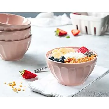 KooK Ceramic Cereal Bowl Set, Kids Breakfast Bowls, Fluted, Microwave and Dishwasher Safe, Kitchen Bowls, For Soup, Pasta, Salad, Dessert, 20 oz, Set of 6 (Dusty Pink)