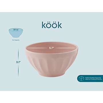 KooK Ceramic Cereal Bowl Set, Kids Breakfast Bowls, Fluted, Microwave and Dishwasher Safe, Kitchen Bowls, For Soup, Pasta, Salad, Dessert, 20 oz, Set of 6 (Dusty Pink)
