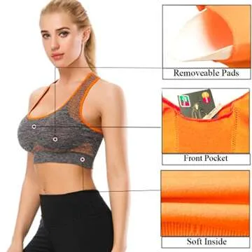 TOBWIZU Sports Bras for Women, Medium Support Yoga Gym Activewear Bras with Pocket Orange
