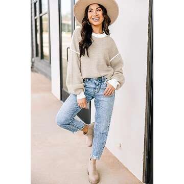 Womens Sweaters Fall 2025 Fashion Long Sleeve Color Block Oversized Sweater Trendy Casual Crew Neck Knitted Tops Pullover