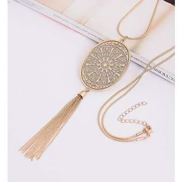 Long Necklaces for Women Disk Oval Pendant Necklace Bohemia Tassel Necklace Set Fashion Y Necklaces Statement Jewelry (Oval-Gold)