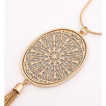 Long Necklaces for Women Disk Oval Pendant Necklace Bohemia Tassel Necklace Set Fashion Y Necklaces Statement Jewelry (Oval-Gold)