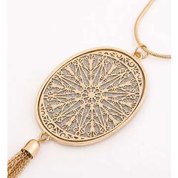 Long Necklaces for Women Disk Oval Pendant Necklace Bohemia Tassel Necklace Set Fashion Y Necklaces Statement Jewelry (Oval-Gold)