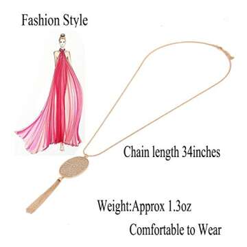 Long Necklaces for Women Disk Oval Pendant Necklace Bohemia Tassel Necklace Set Fashion Y Necklaces Statement Jewelry (Oval-Gold)
