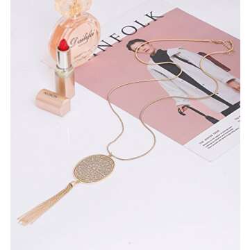 Long Necklaces for Women Disk Oval Pendant Necklace Bohemia Tassel Necklace Set Fashion Y Necklaces Statement Jewelry (Oval-Gold)