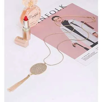 Long Necklaces for Women Disk Oval Pendant Necklace Bohemia Tassel Necklace Set Fashion Y Necklaces Statement Jewelry (Oval-Gold)