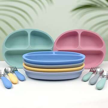 Elk and Friends Silicone Suction Plate for Babies/Toddlers + Stainless Steel Silverware Feeding Set ...