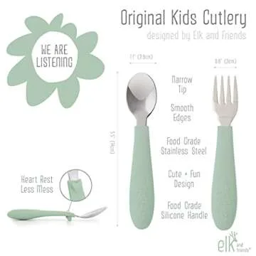 Elk and Friends Silicone Suction Plate for Babies/Toddlers + Stainless Steel Silverware Feeding Set | Divided Plate | Suction Design | Forks + Spoons Included | 3 Pack