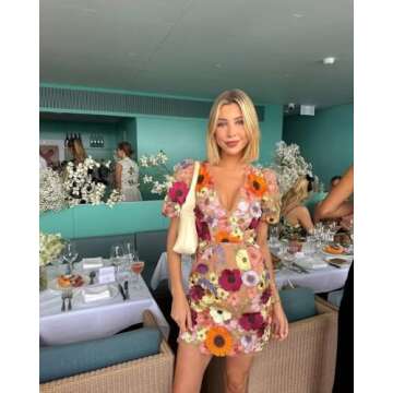 3D Floral Embroidery Homecoming Dresses Puffy Sleeve V Neck Bodycon Party Cocktail Mini Summer Dress Pink 16 Plus