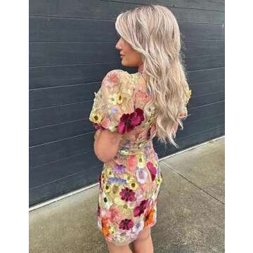3D Floral Embroidery Homecoming Dresses Puffy Sleeve V Neck Bodycon Party Cocktail Mini Summer Dress Pink 16 Plus