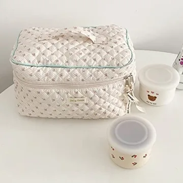 Juoxeepy Quilted Cotton Makeup Bag for Travel and Everyday Use