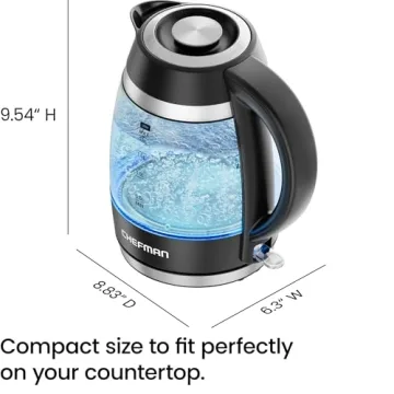 Chefman Glass Electric Kettle Fast Boiling Safe Stylish