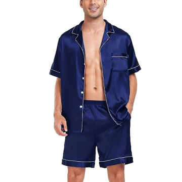 SWOMOG Men Satin Silk Pajamas Set | Short Sleeve Sleepwear with Pockets
