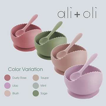 Ali+Oli Silicone Suction Bowl and Spoon Set (Blush, Original) - Unbreakable Suction Bowls for Baby 6 Months and Up, Self Feeding Baby Utensils, First Stage Baby Feeding Supplies