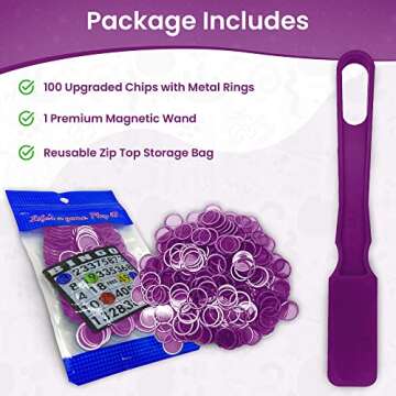 MR CHIPS Made in USA Bingo Magnetic Wand & ¾ Inch Purple 100 Upgraded Pieces Chips Plastic with Met...
