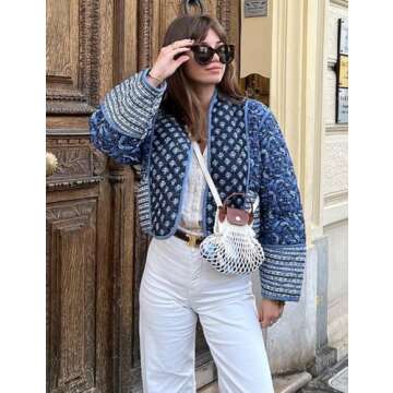 Wyeysyt Women's Cropped Puffer Quilted Jacket Cardigan Floral Printed Lightweight Long Sleeve Open Front Short Padded Coats(Black-XS)