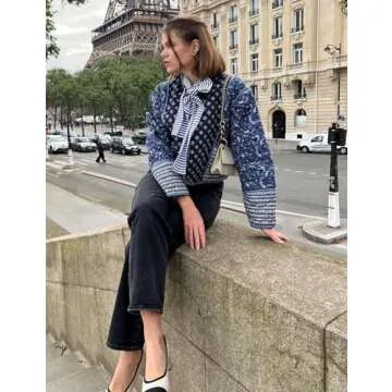 Wyeysyt Women's Cropped Puffer Quilted Jacket Cardigan Floral Printed Lightweight Long Sleeve Open Front Short Padded Coats(Black-XS)