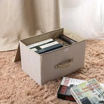 EZ GENERATION Storage Bins Set, Storage Baskets Pack of 2 Foldable Storage Boxes Cubes with Lids, Fabric Storage Bin Organizer Collapsible Box Containers for Nursery,Closet,Bedroom,Home(Cream Stripe)