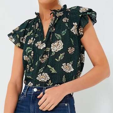 Womens 2024 Summer Short Puff Sleeve Blouse Forest Green Floral Printed Boho-Chic Style Casual Summe...