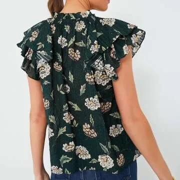 Womens 2024 Summer Short Puff Sleeve Blouse Forest Green Floral Printed Boho-Chic Style Casual Summer Tops
