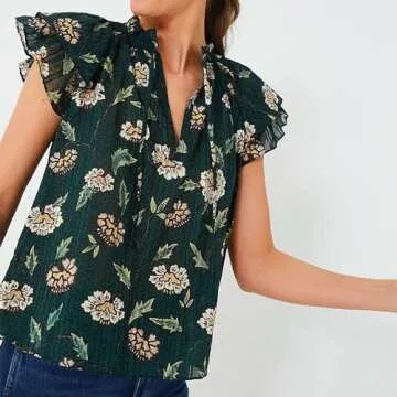 Womens 2024 Summer Short Puff Sleeve Blouse Forest Green Floral Printed Boho-Chic Style Casual Summer Tops