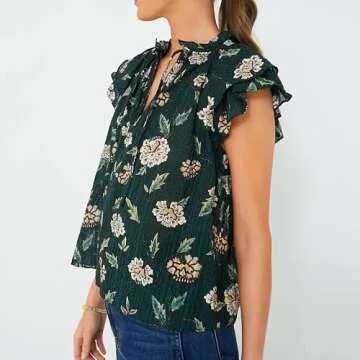 Womens 2024 Summer Short Puff Sleeve Blouse Forest Green Floral Printed Boho-Chic Style Casual Summer Tops