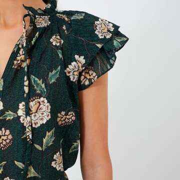 Womens 2024 Summer Short Puff Sleeve Blouse Forest Green Floral Printed Boho-Chic Style Casual Summer Tops