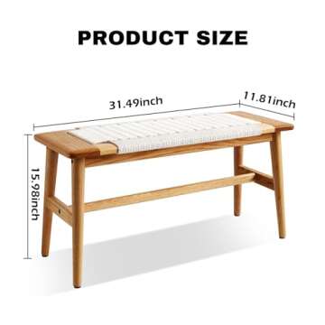 Wayshome Solid Oak Wood Bench, Hand Woven Bench Surface Design, Solid Structure of Chair Legs, Entry...