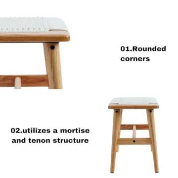 Wayshome Solid Oak Wood Bench, Hand Woven Bench Surface Design, Solid Structure of Chair Legs, Entryway Bench/Bedroom Bench/Dining Bench (Off-White Wood)