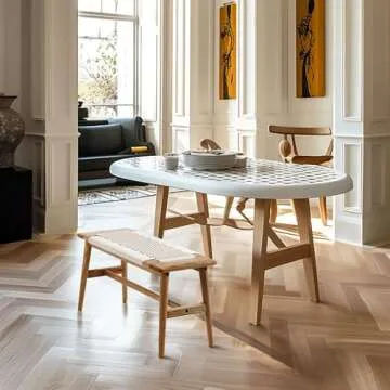 Wayshome Solid Oak Wood Bench, Hand Woven Bench Surface Design, Solid Structure of Chair Legs, Entryway Bench/Bedroom Bench/Dining Bench (Off-White Wood)