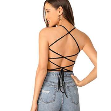 Verdusa Women's Lace Up Backless Ribbed Halter Crop Top Black M