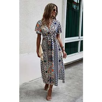CCTOO Women's Summer Maxi Dress Casual Boho Floral Wrap V Neck Short Sleeve Ruffle Split Flowy Long Beach Dresses with Belt Dark Blue X-Large