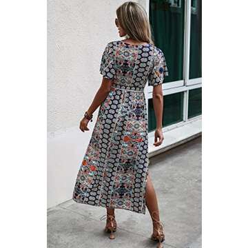 CCTOO Women's Summer Maxi Dress Casual Boho Floral Wrap V Neck Short Sleeve Ruffle Split Flowy Long Beach Dresses with Belt Dark Blue X-Large