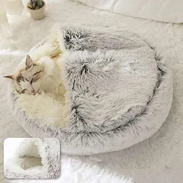 ShinHye Cat Bed Round Plush Fluffy Hooded Cat Bed Cave, Cozy for Indoor Cats or Small Dog beds, Soothing Pet Beds Doughnut Calm Anti-nxiety Dog Bed - Waterproof Bottom Washable (20×20inch, Grey)