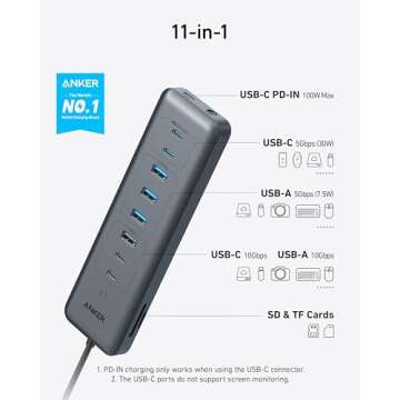 Anker USB-C Hub,11-in-1 10Gbps Data Hub with 4 USB-A and 4 USB-C Ports, 100W USB-C PD-in, Card Reade...