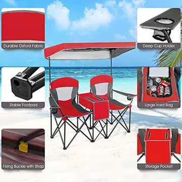 GYMAX Double Camping Chair, Beach Chair with Canopy Shade, Adjustable UV Protection, Cooler, Cup Holder & Carry Bag, Folding Portable Lawn Soccer Camp Chair with Umbrella for Adults (Red, 2 Person)