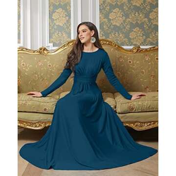 KOH KOH Womens Long Full Sleeve Sleeves Flowy Empire Waist Fall Winter Modest Formal Floor Length Abaya Muslim Bridesmaid Bridal Gown Gowns Maxi Dress Dresses, Blue Teal S 4-6