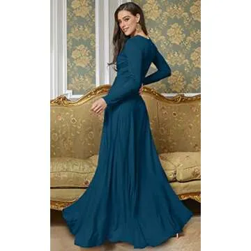 KOH KOH Womens Long Full Sleeve Sleeves Flowy Empire Waist Fall Winter Modest Formal Floor Length Abaya Muslim Bridesmaid Bridal Gown Gowns Maxi Dress Dresses, Blue Teal S 4-6