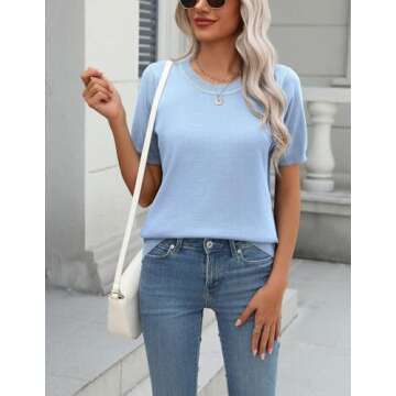 Zeagoo Womens Summer Short Sleeve Tops Crew Neck Lightweight Pullover Sweaters Loose Dressy Casual Blouse Blue Clothes L