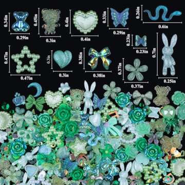 Kikonoke 100 Pieces 3D Resin Butterfly Bear Nail Charms Rose Flower Peach Skirt Bow Deer Snake Rabbit Animal Shaped Nail Art Rhinestones Pearls for DIY Nail Art Decoration Making Craft (Green)